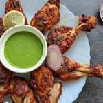 Grilled chicken legs with mint chutney dip