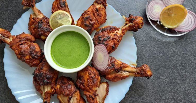 Grilled chicken legs with mint chutney dip