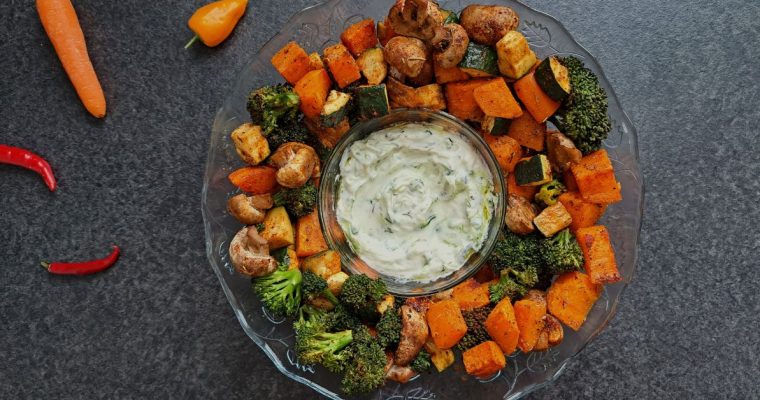 Oven-roasted vegetables with Tzatziki dip